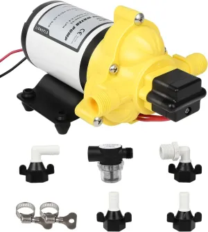 12v Water Pump for RV, 3.5 GPM, 50 PSI On Demand Self Priming Water Pump, Run Dry Safe water transfer pump with Pressure Switch and Strainer Ideal for Marine, RV, and Water Systems