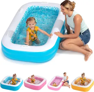 2-in-1 Inflatable Kiddie Pool, 65"x39"x10" (5'5") Soft Cushioned Floor, Handles, Drain, Shallow Rectangular Blowup Swimming Pool for Kids Age 2  Toddler Ball Pit, Small Adult Backyard Tanning Pool