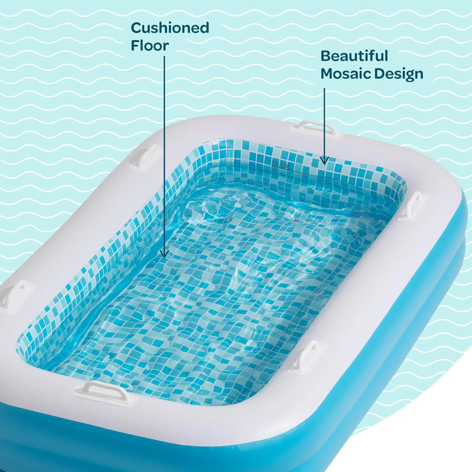 2-in-1 Inflatable Kiddie Pool, 65"x39"x10" (5'5") Soft Cushioned Floor, Handles, Drain, Shallow Rectangular Blowup Swimming Pool for Kids Age 2  Toddler Ball Pit, Small Adult Backyard Tanning Pool