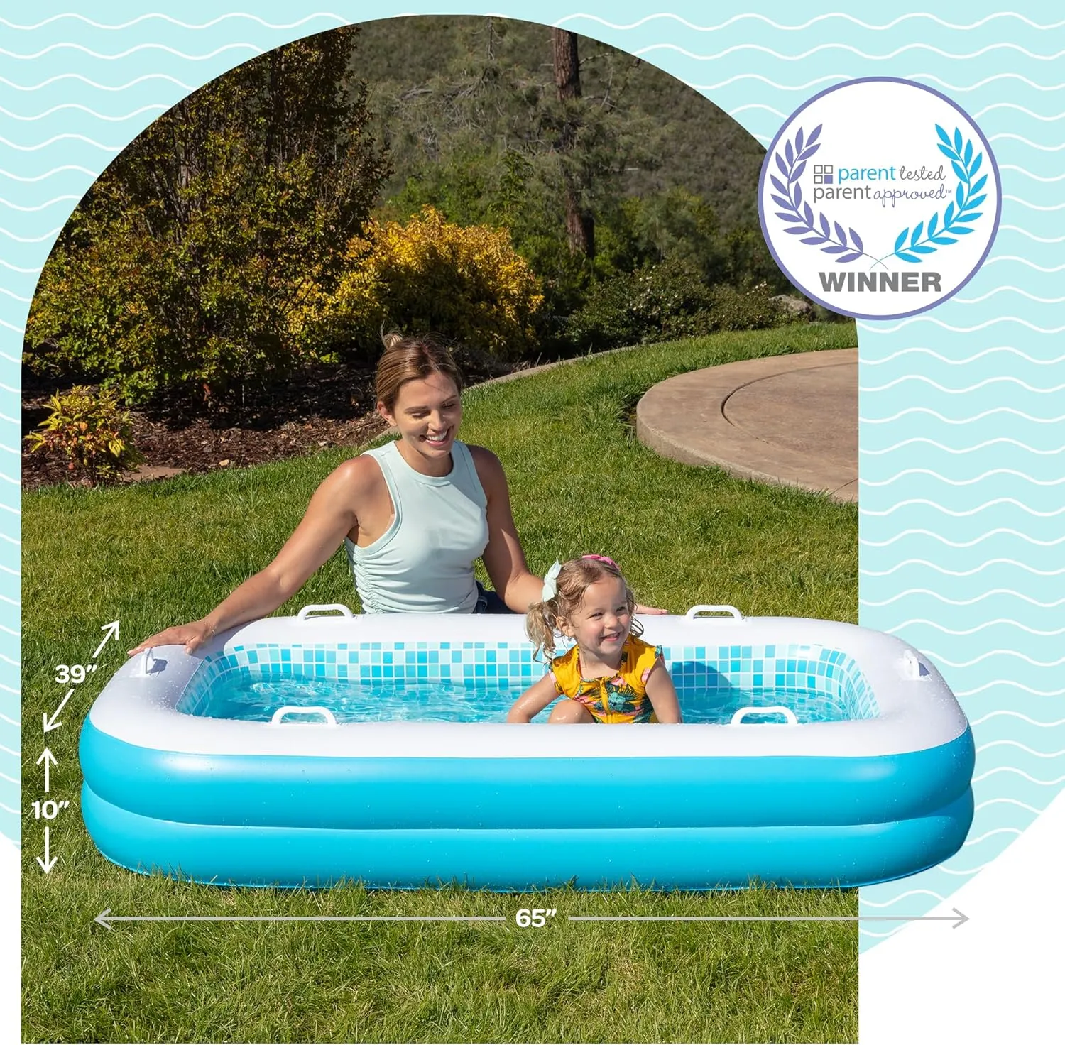 2-in-1 Inflatable Kiddie Pool, 65"x39"x10" (5'5") Soft Cushioned Floor, Handles, Drain, Shallow Rectangular Blowup Swimming Pool for Kids Age 2  Toddler Ball Pit, Small Adult Backyard Tanning Pool