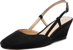 AMBELIGHT Womens Fashion Buckle Square Toe Solid Party Suede Adjustable Strap Wedge Low Heel Pumps Shoes 2 Inch