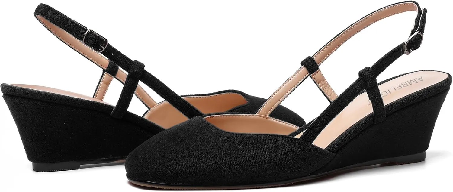 AMBELIGHT Womens Fashion Buckle Square Toe Solid Party Suede Adjustable Strap Wedge Low Heel Pumps Shoes 2 Inch