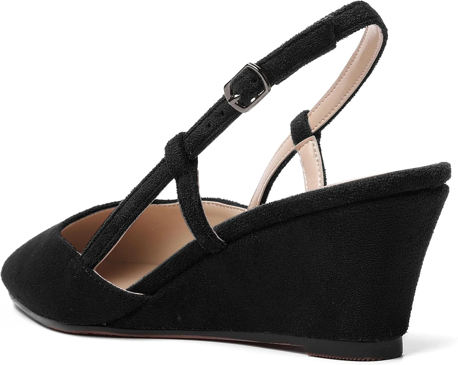 AMBELIGHT Womens Fashion Buckle Square Toe Solid Party Suede Adjustable Strap Wedge Low Heel Pumps Shoes 2 Inch