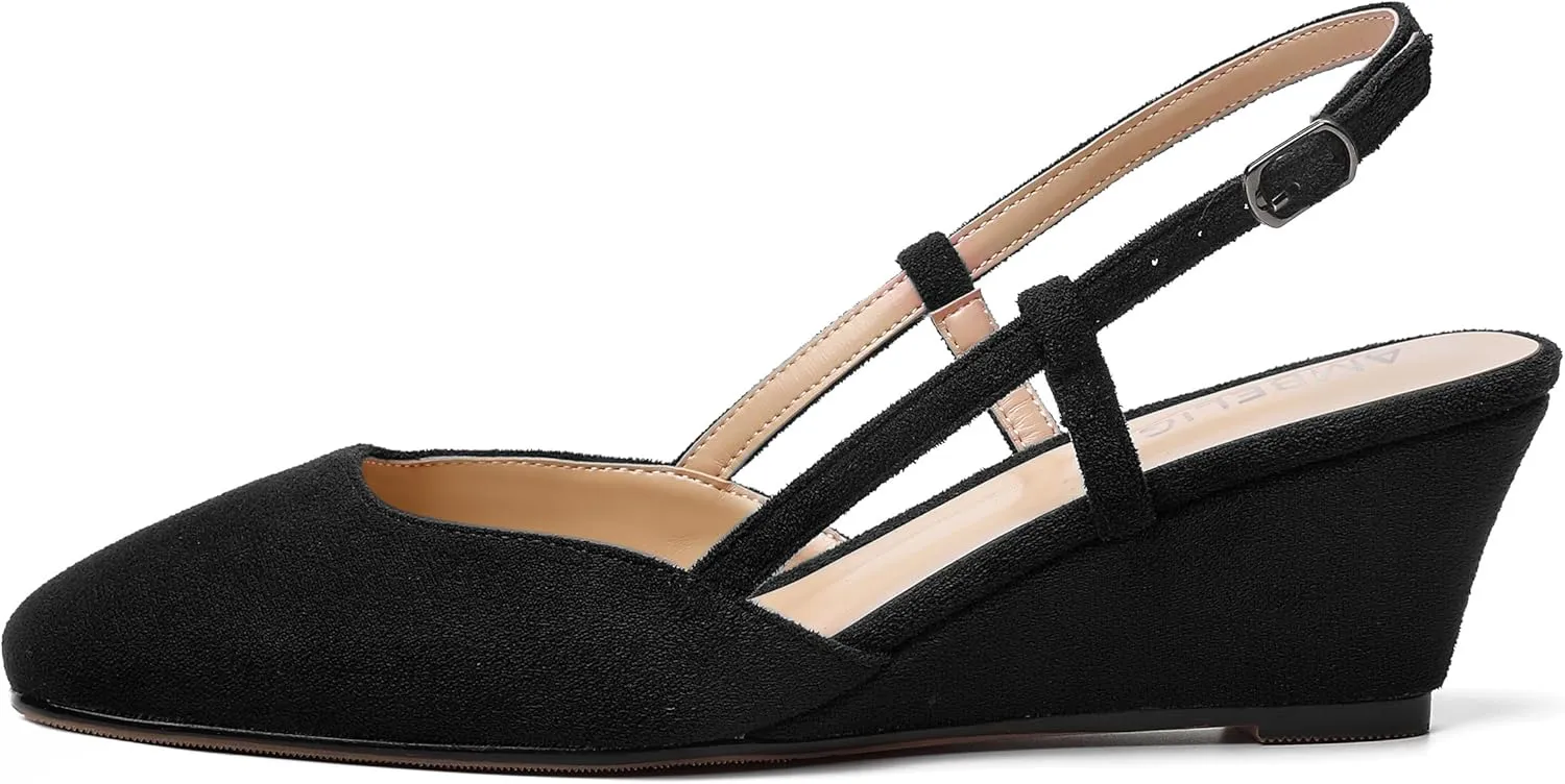 AMBELIGHT Womens Fashion Buckle Square Toe Solid Party Suede Adjustable Strap Wedge Low Heel Pumps Shoes 2 Inch