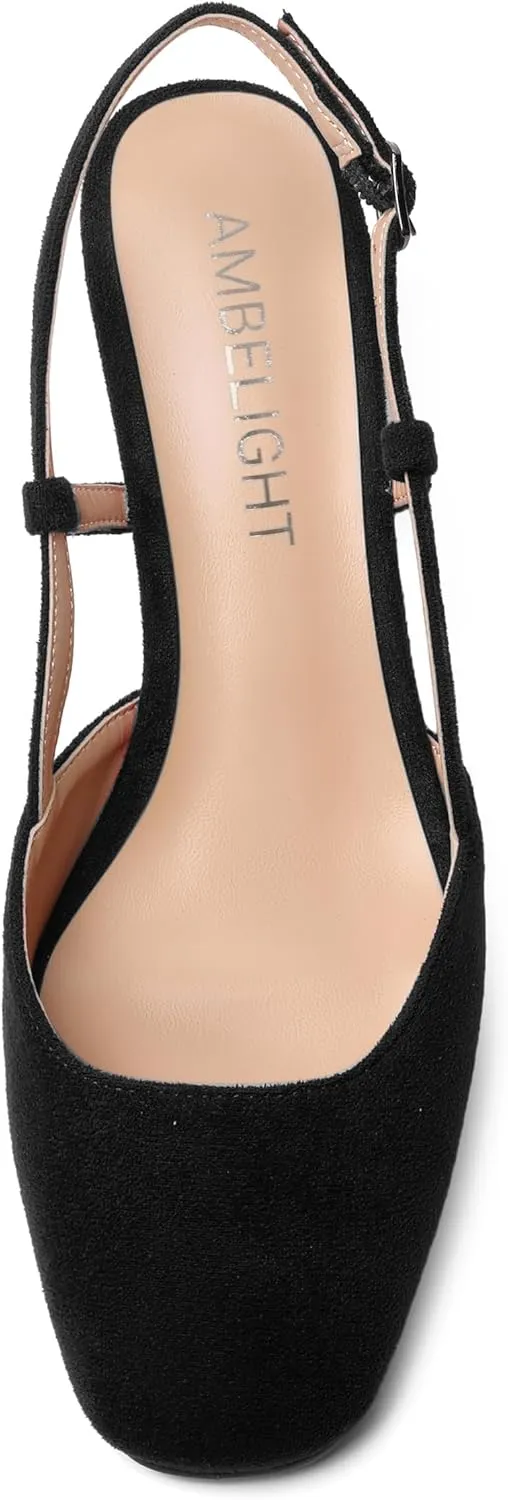 AMBELIGHT Womens Fashion Buckle Square Toe Solid Party Suede Adjustable Strap Wedge Low Heel Pumps Shoes 2 Inch