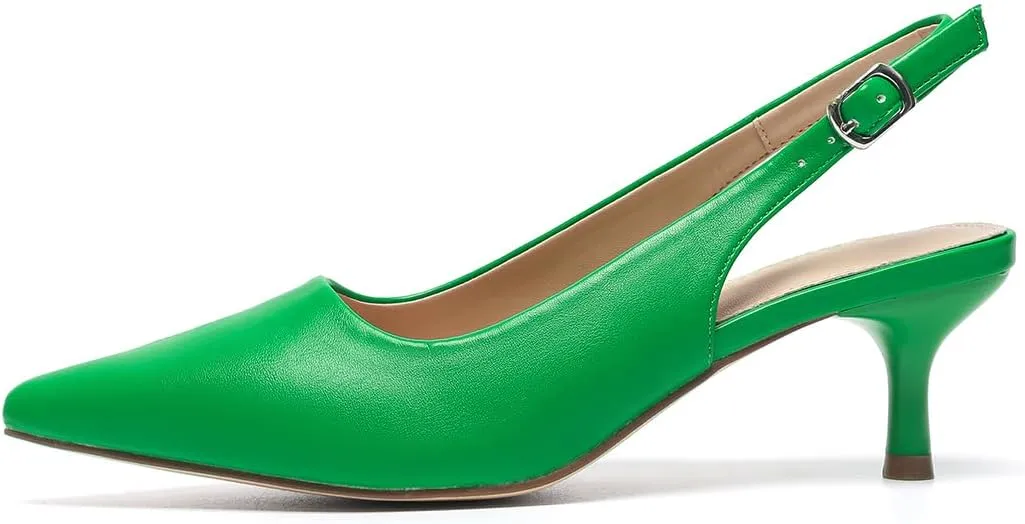 Amoji Women's 2 Inch Pointed Toe Low Kitten Heel Slingback Pump Party Wedding Dress Shoes FZ321