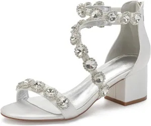 Anna's Bridal White Block Heels Sandals for Women Wide Width Crystal Wedding Shoes for Bride Low Heel Comfortable Pump for Prom Party