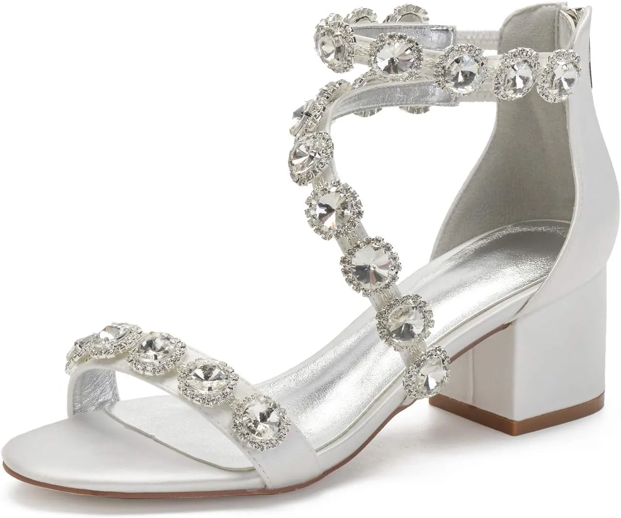 Anna's Bridal White Block Heels Sandals for Women Wide Width Crystal Wedding Shoes for Bride Low Heel Comfortable Pump for Prom Party
