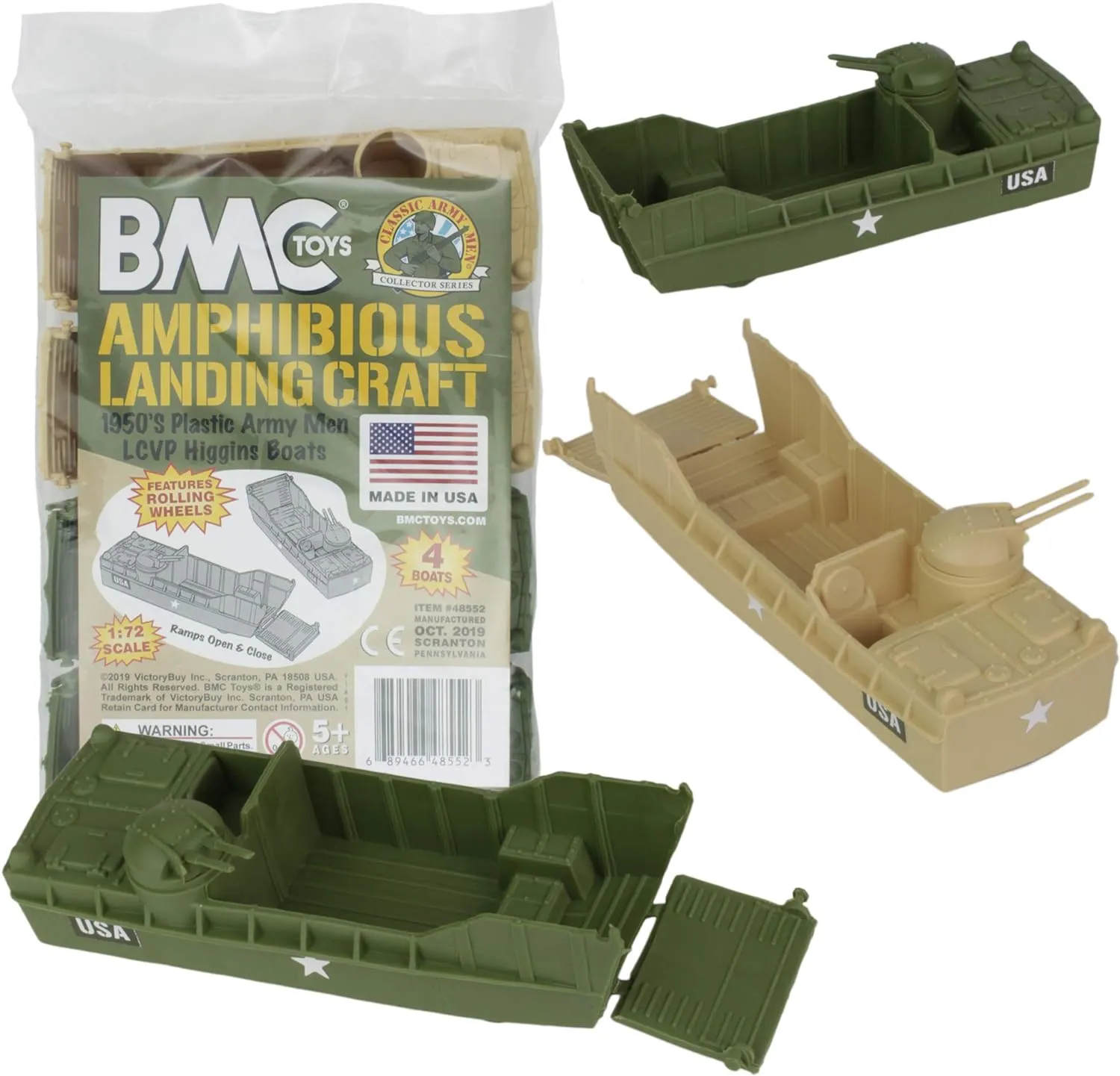 BMC Classic Marx Landing Craft - 4pc Tan vs. OD Green Plastic Army Men Vehicles