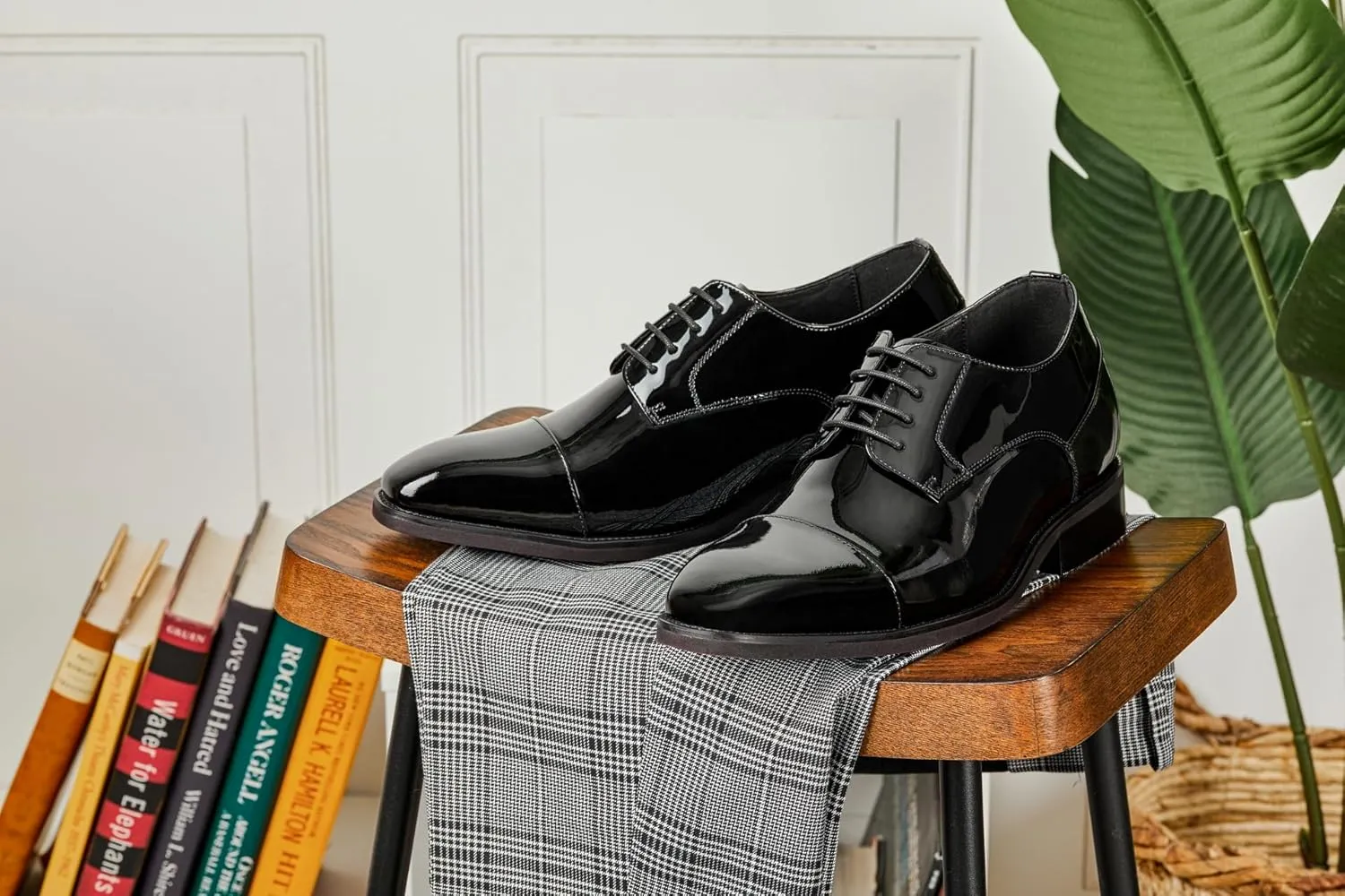 CALTO Men's Invisible Height Increasing Elevator Shoes - Black Patent Leather Lace-up Formal Dress Oxfords - 3 Inches Taller - Y3270- Size 8 D(M) US