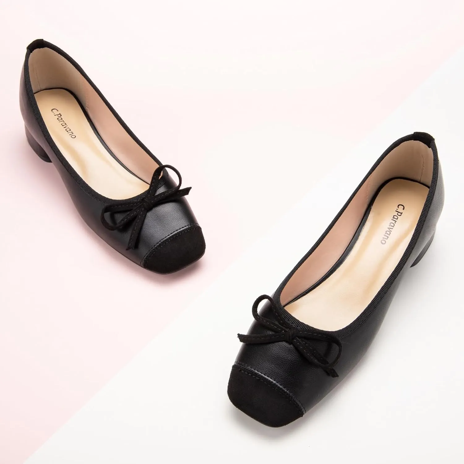 C.Paravano Women's Pump | Square Toe Low Block Heels | Closed Toe Chunky Heels | Leather Low Heel Pumps | Dress Wedding Shoes