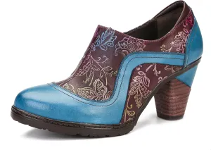 CrazycatZ Leather Pumps,Womens Colorful Vintage Block Heel Floral Oxford Shoes