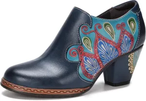 CrazycatZ Leather Pumps,Womens Colorful Vintage Block Heel Shoes Pumps