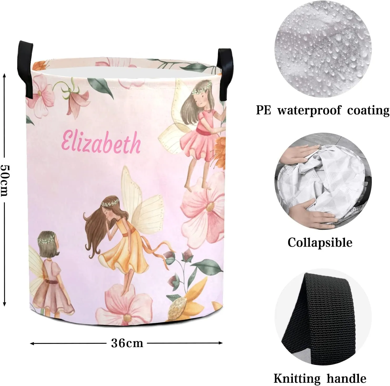 Cute Spring Woodland Fairy Garden Personalized Waterproof Foldable Laundry Basket Bag with Handle, Custom Collapsible Clothes Hamper Storage Bin for Toys Laundry Dorm Travel Bathroom