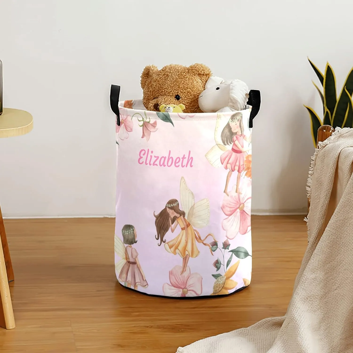 Cute Spring Woodland Fairy Garden Personalized Waterproof Foldable Laundry Basket Bag with Handle, Custom Collapsible Clothes Hamper Storage Bin for Toys Laundry Dorm Travel Bathroom