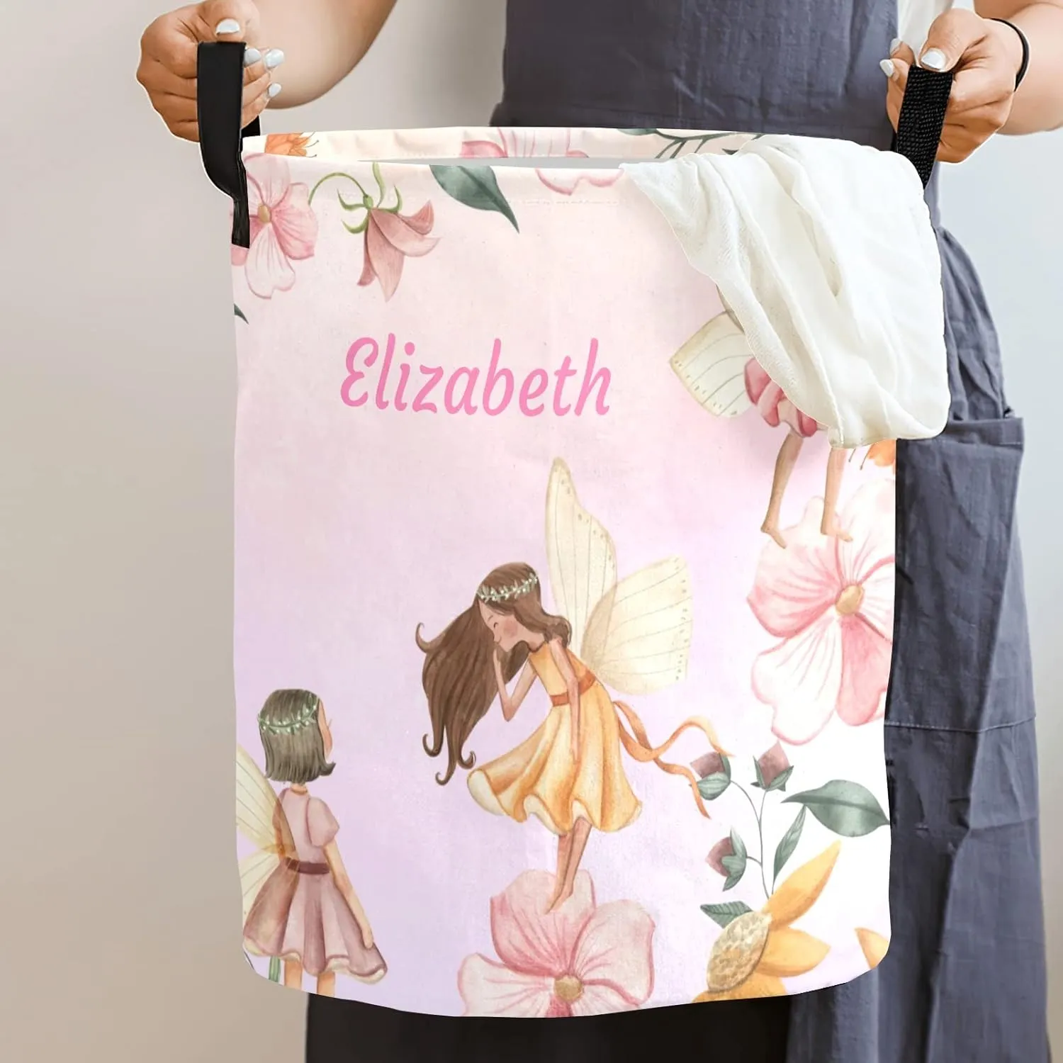 Cute Spring Woodland Fairy Garden Personalized Waterproof Foldable Laundry Basket Bag with Handle, Custom Collapsible Clothes Hamper Storage Bin for Toys Laundry Dorm Travel Bathroom