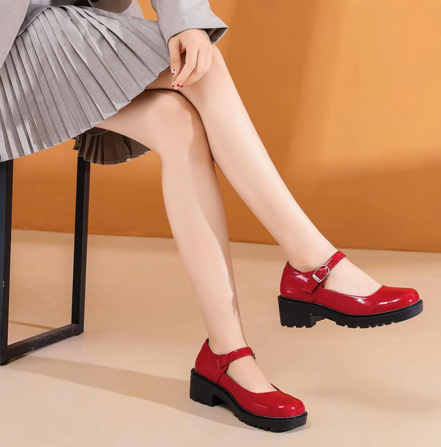 DADAWEN Women's Mary Jane Shoes Platform Oxford Shoes Leather Round Toe Chunky Heel Non-Slip Comfort Casual Dressy Girls School Work Shoes