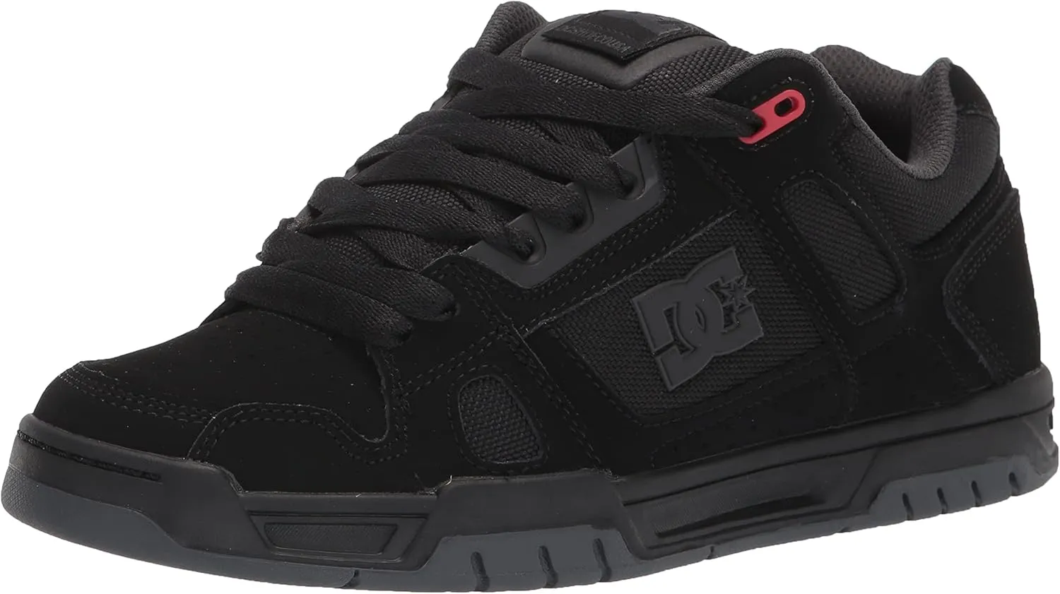 DC Men's Stag Low Top Skate Shoe, Black/Grey/RED, 11.5