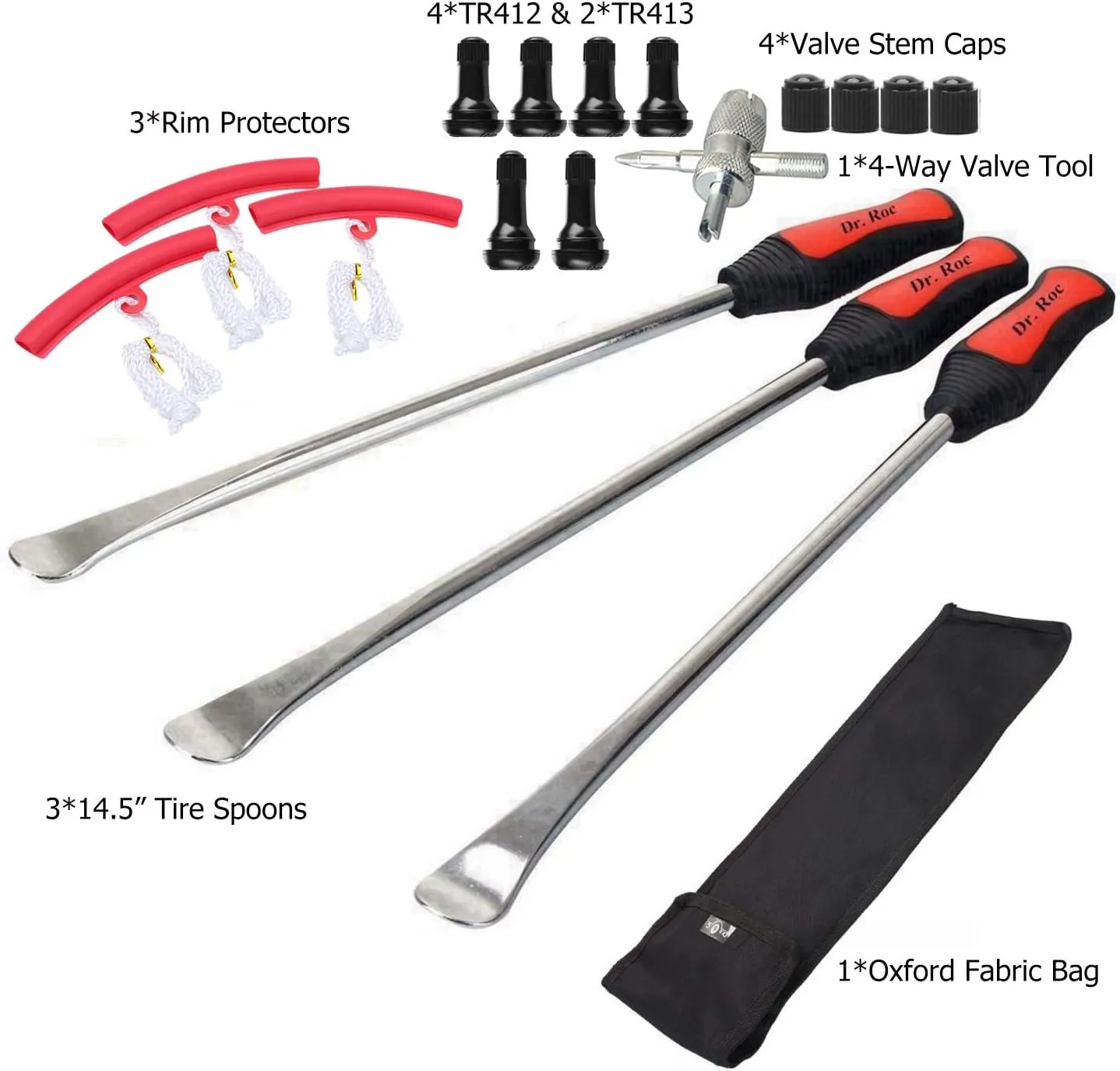 Dr.Roc 14.5 inch Perfect Leverage Tire Spoon Lever Iron Tool Kit Motorcycle Dirt Bike Lawn Mower Tire Changing Tool with Bag 3X Tire Spoons 3X Rim Protectors 1x Tire Valve Stems Set TR412 TR413