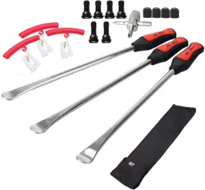 Dr.Roc 14.5 inch Perfect Leverage Tire Spoon Lever Iron Tool Kit Motorcycle Dirt Bike Lawn Mower Tire Changing Tool with Bag 3X Tire Spoons 3X Rim Protectors 1x Tire Valve Stems Set TR412 TR413