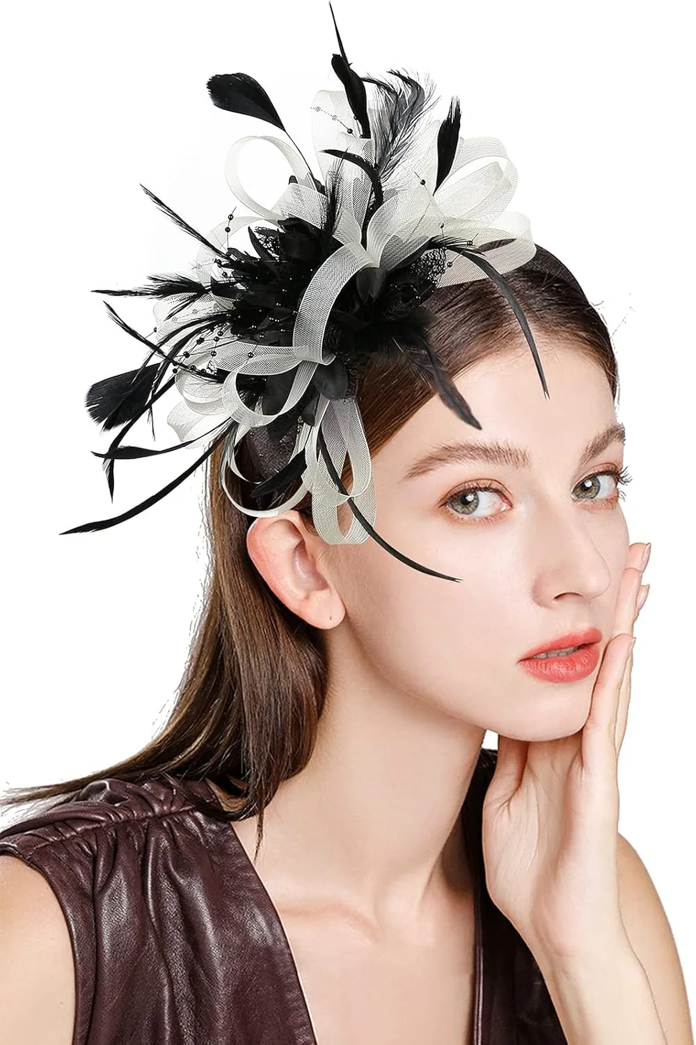 Fascinator Hats for Women Feather Flower Hair Clip Brooch Wedding Tea Party Hat Derby Race Headwear