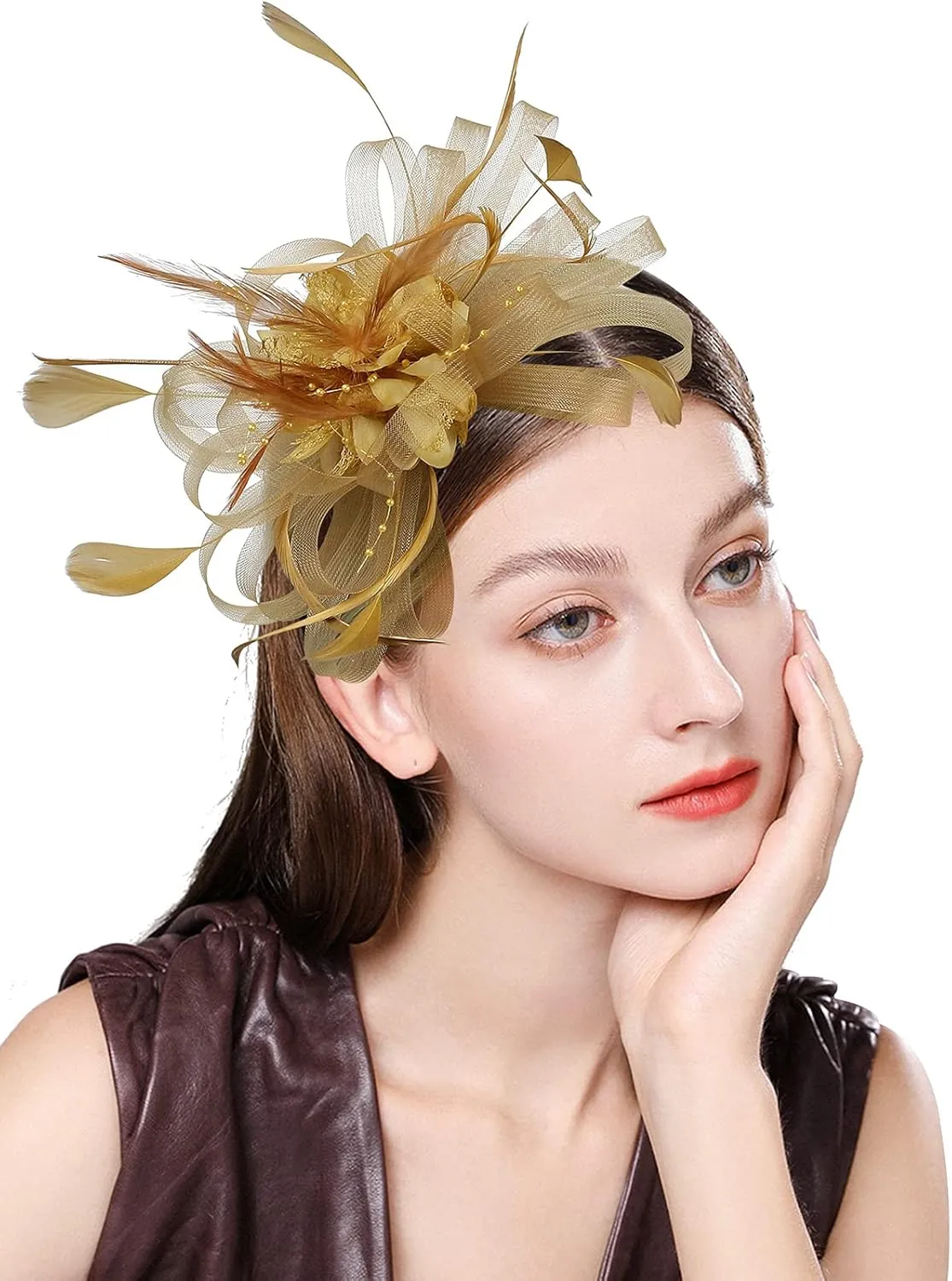 Fascinator Hats for Women Feather Flower Hair Clip Brooch Wedding Tea Party Hat Derby Race Headwear