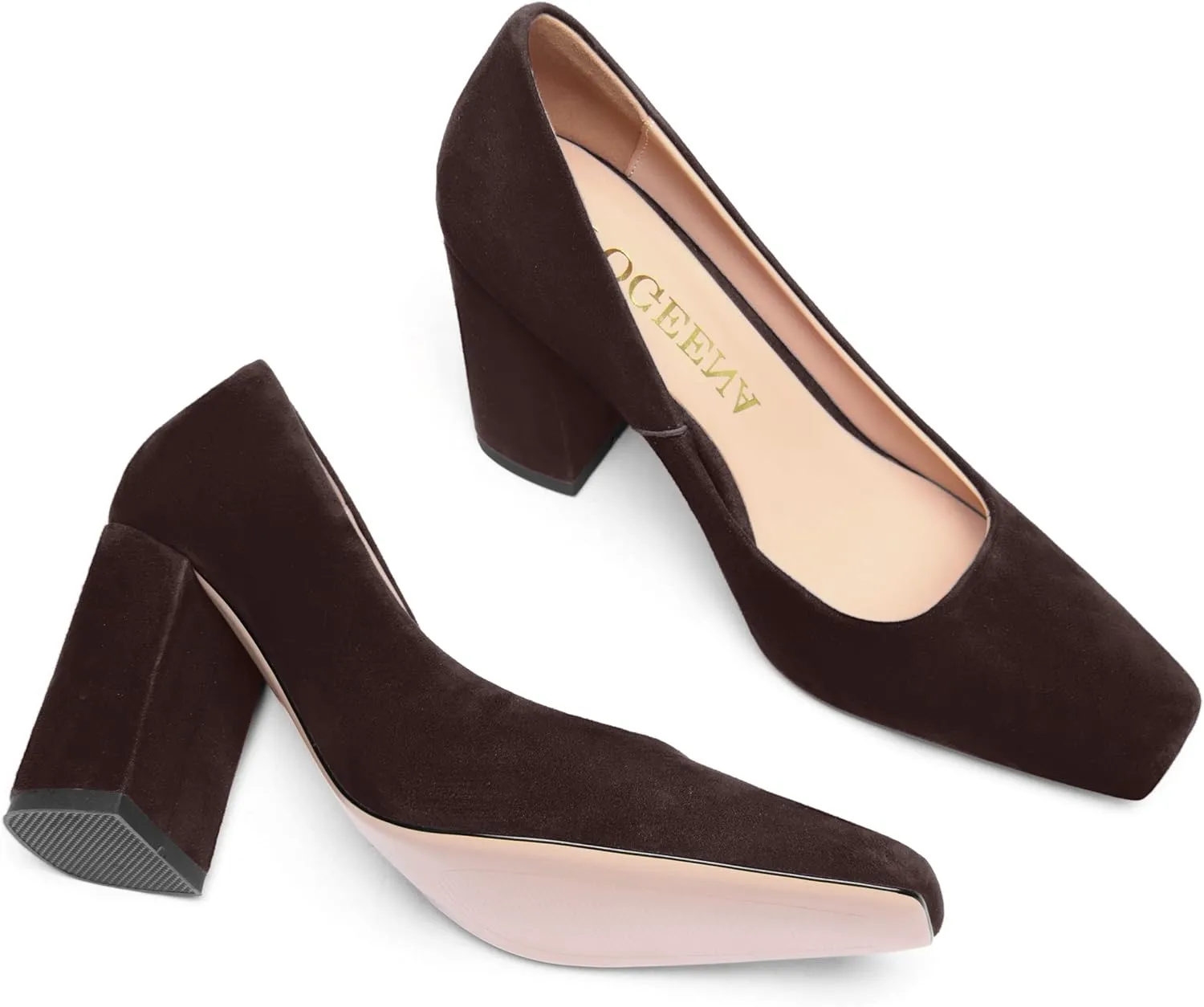 FOGEENA Womens Square Toe Suede Leather Dress Slip On Wedding Block High Heel Pumps Shoes 3.34 Inch