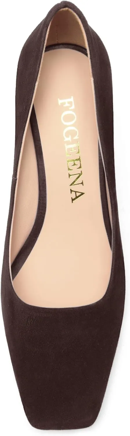 FOGEENA Womens Square Toe Suede Leather Dress Slip On Wedding Block High Heel Pumps Shoes 3.34 Inch