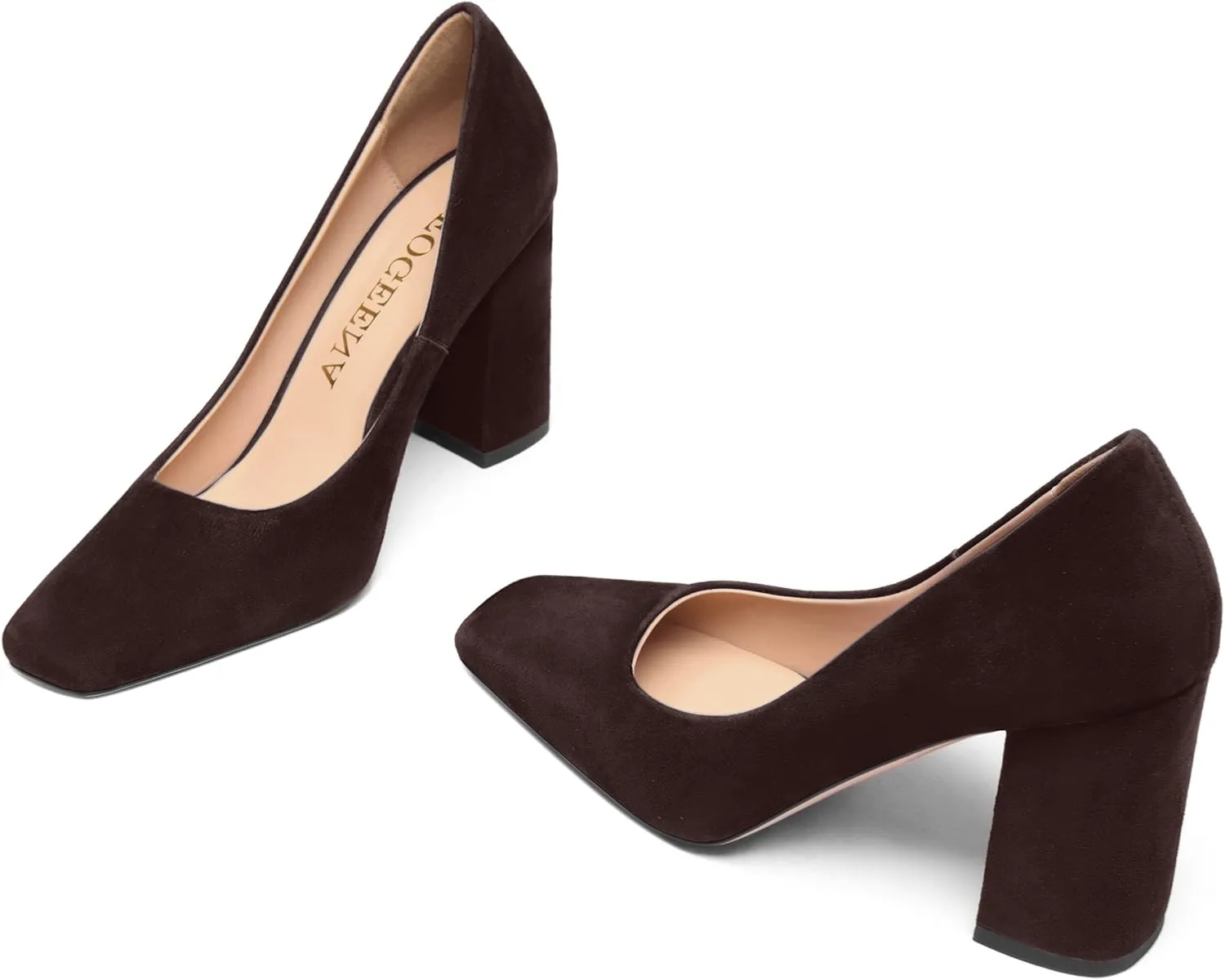 FOGEENA Womens Square Toe Suede Leather Dress Slip On Wedding Block High Heel Pumps Shoes 3.34 Inch