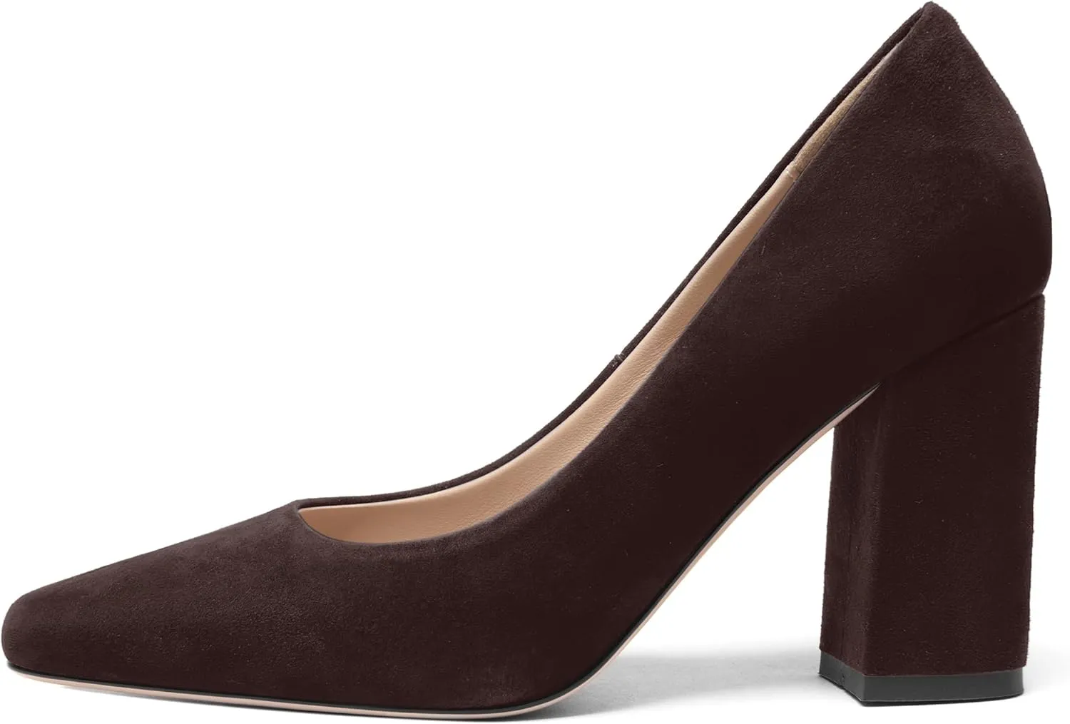 FOGEENA Womens Square Toe Suede Leather Dress Slip On Wedding Block High Heel Pumps Shoes 3.34 Inch