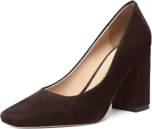 FOGEENA Womens Square Toe Suede Leather Dress Slip On Wedding Block High Heel Pumps Shoes 3.34 Inch