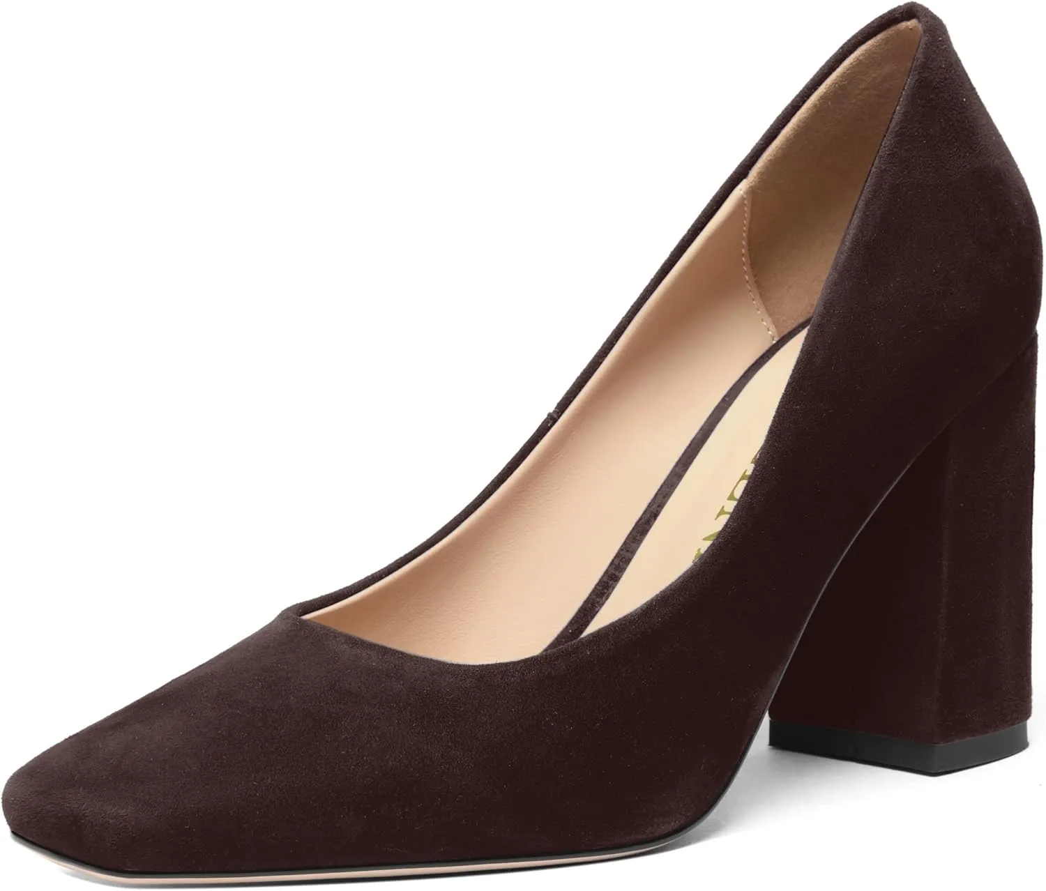 FOGEENA Womens Square Toe Suede Leather Dress Slip On Wedding Block High Heel Pumps Shoes 3.34 Inch