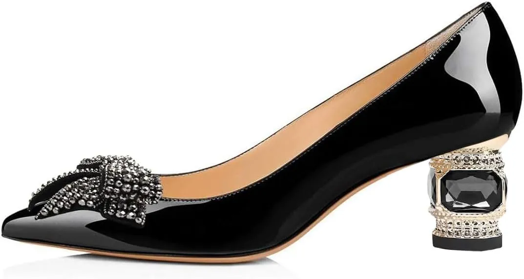 FSJ Women Pointed Toe Crystal Pump Rhinestone Bow Block Low Heel Slip On Comfy Date Party Shoes Size 4-16 US