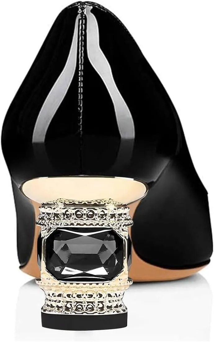 FSJ Women Pointed Toe Crystal Pump Rhinestone Bow Block Low Heel Slip On Comfy Date Party Shoes Size 4-16 US
