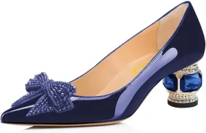 FSJ Women Pointed Toe Crystal Pump Rhinestone Bow Block Low Heel Slip On Comfy Date Party Shoes Size 4-16 US