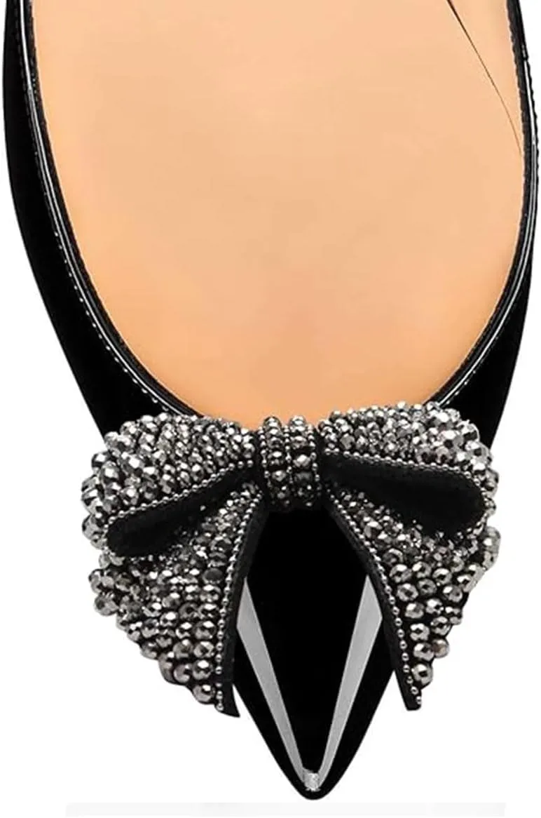 FSJ Women Pointed Toe Crystal Pump Rhinestone Bow Block Low Heel Slip On Comfy Date Party Shoes Size 4-16 US