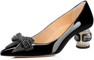 FSJ Women Pointed Toe Crystal Pump Rhinestone Bow Block Low Heel Slip On Comfy Date Party Shoes Size 4-16 US