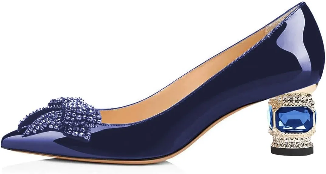 FSJ Women Pointed Toe Crystal Pump Rhinestone Bow Block Low Heel Slip On Comfy Date Party Shoes Size 4-16 US
