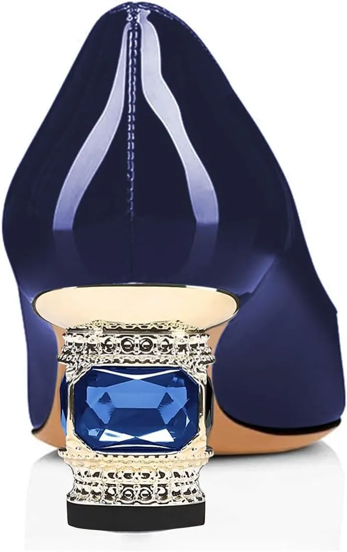 FSJ Women Pointed Toe Crystal Pump Rhinestone Bow Block Low Heel Slip On Comfy Date Party Shoes Size 4-16 US
