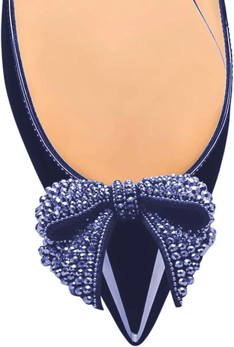 FSJ Women Pointed Toe Crystal Pump Rhinestone Bow Block Low Heel Slip On Comfy Date Party Shoes Size 4-16 US