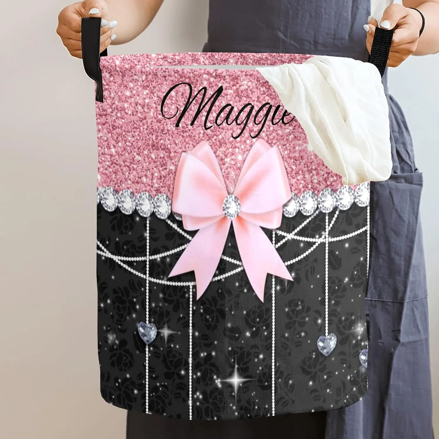 Glitter Print Rose Black Bow Personalized Waterproof Foldable Laundry Basket Bag with Handle, Custom Collapsible Clothes Hamper Storage Bin for Toys Laundry Dorm Travel Bathroom