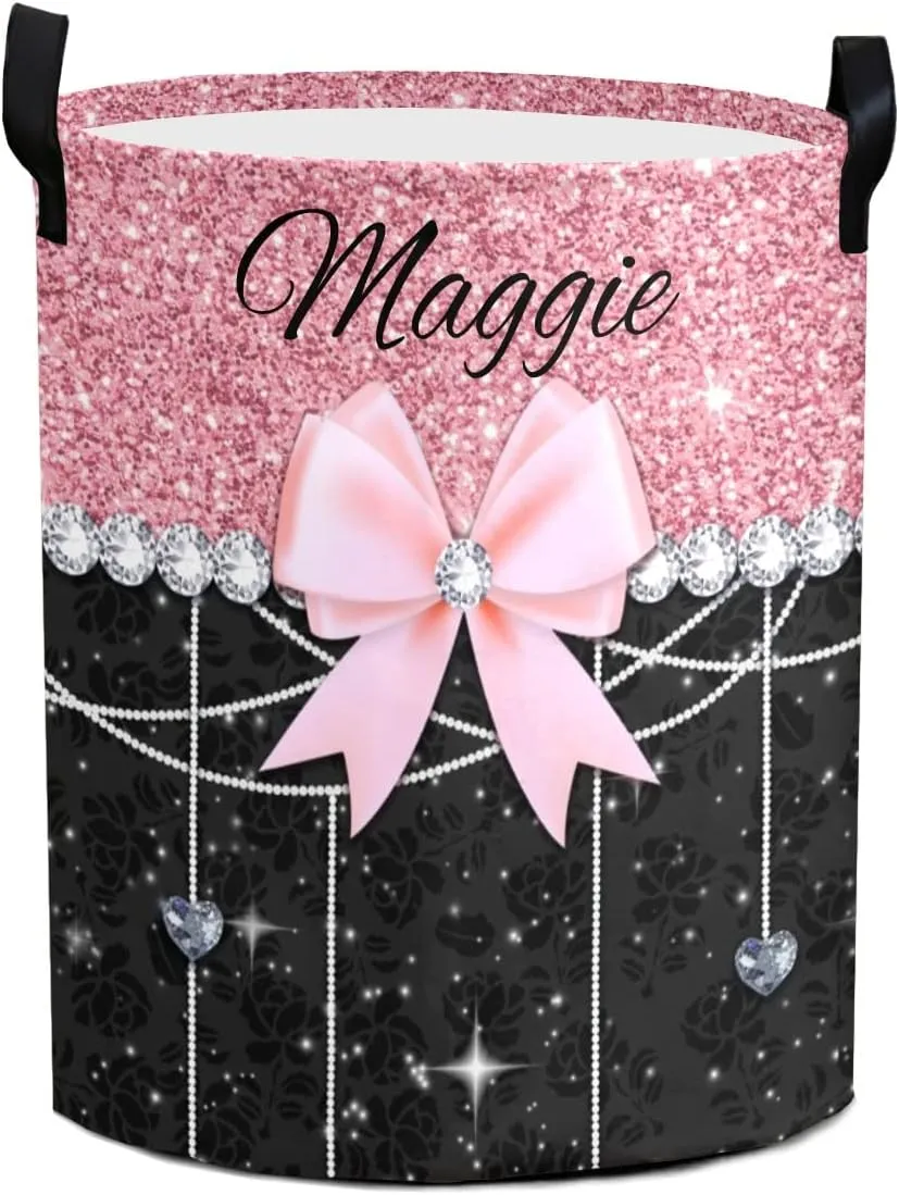 Glitter Print Rose Black Bow Personalized Waterproof Foldable Laundry Basket Bag with Handle, Custom Collapsible Clothes Hamper Storage Bin for Toys Laundry Dorm Travel Bathroom