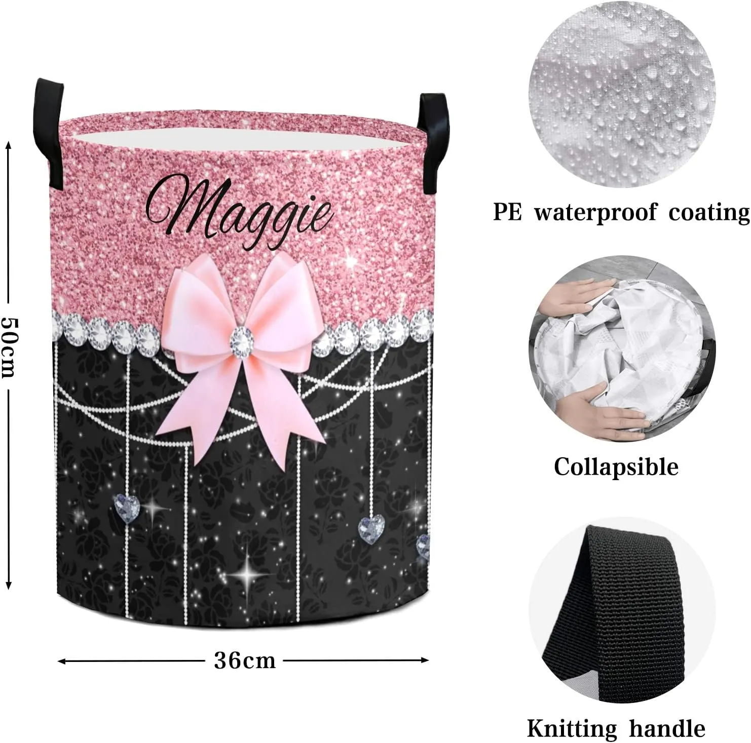 Glitter Print Rose Black Bow Personalized Waterproof Foldable Laundry Basket Bag with Handle, Custom Collapsible Clothes Hamper Storage Bin for Toys Laundry Dorm Travel Bathroom
