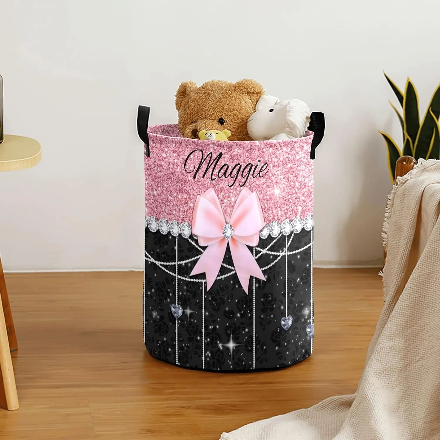 Glitter Print Rose Black Bow Personalized Waterproof Foldable Laundry Basket Bag with Handle, Custom Collapsible Clothes Hamper Storage Bin for Toys Laundry Dorm Travel Bathroom