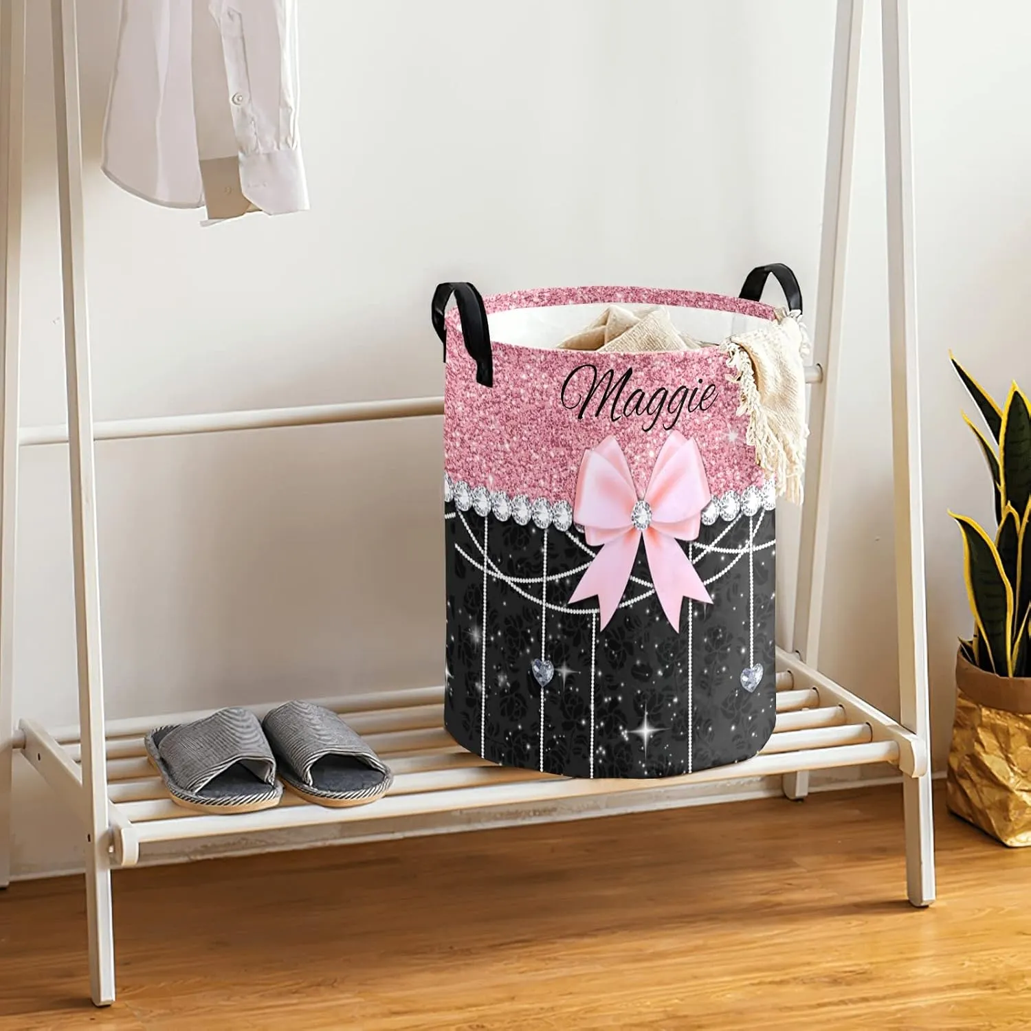 Glitter Print Rose Black Bow Personalized Waterproof Foldable Laundry Basket Bag with Handle, Custom Collapsible Clothes Hamper Storage Bin for Toys Laundry Dorm Travel Bathroom