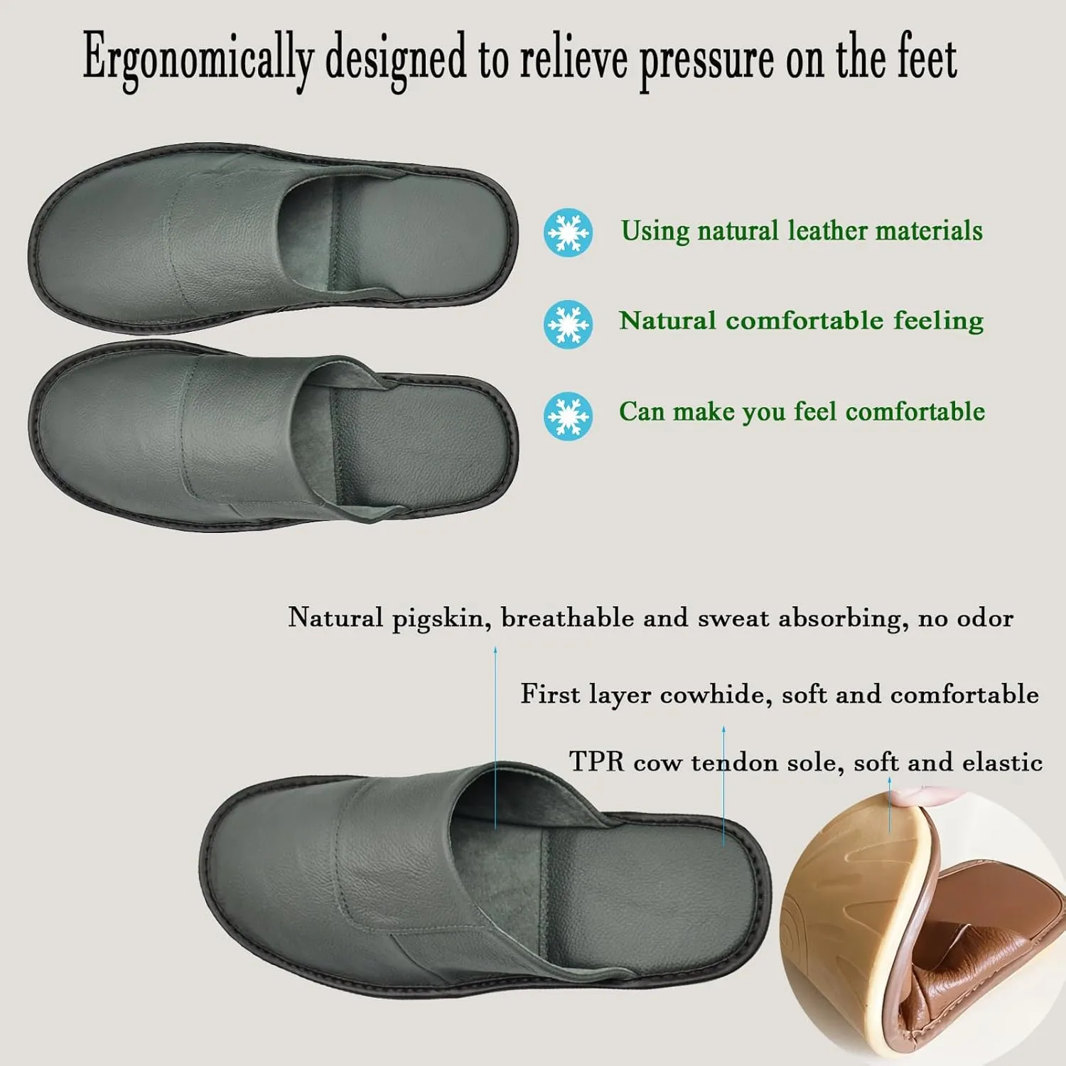 Hwayslon Leather Slippers Men's Women's Leather Room Slippers Natural Cowhide Luxury Solid Color Unisex