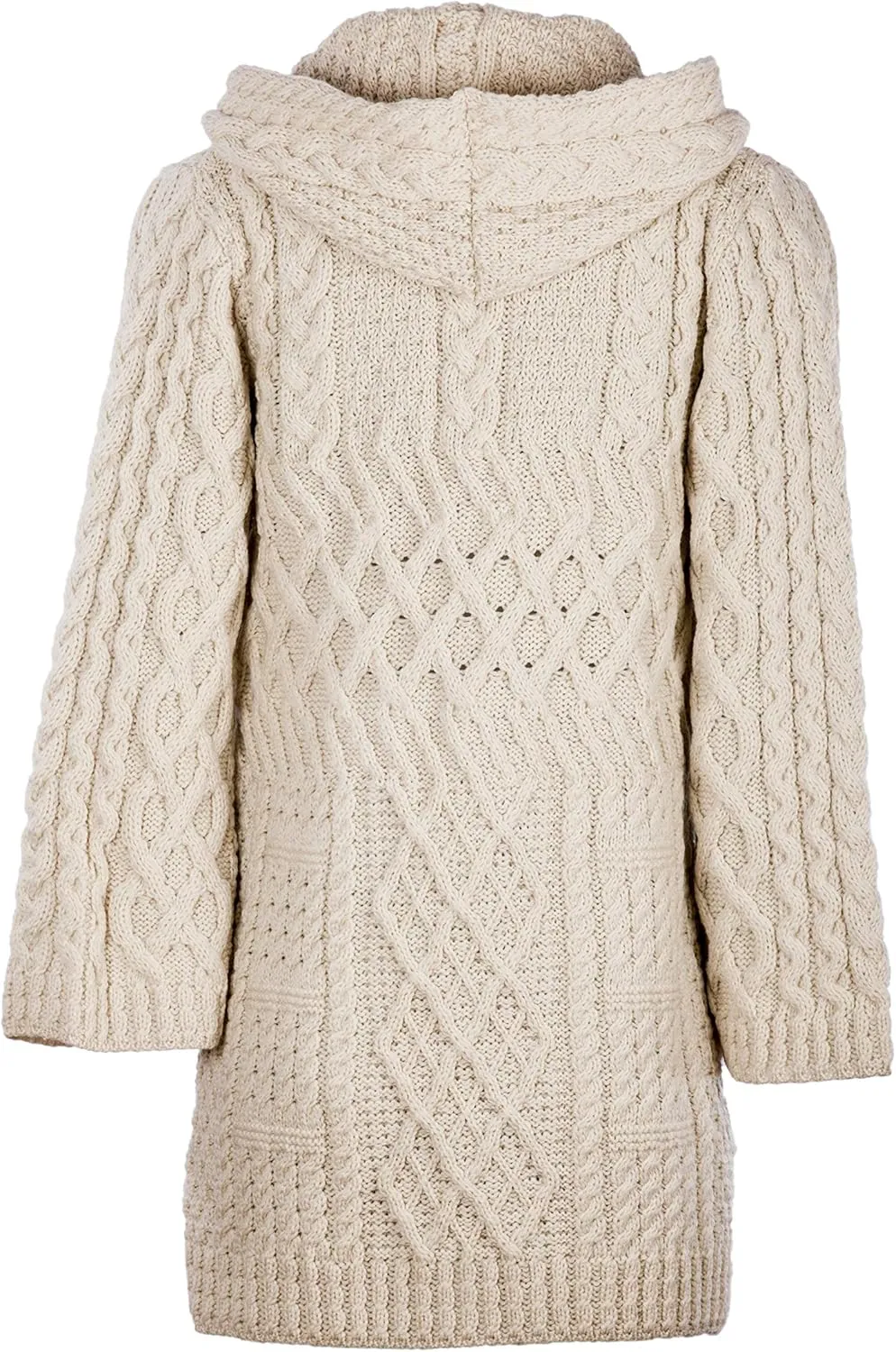 Ladies - Merino Wool - Irish Knit - Buttons Long Cardigan for Women with Hood and Front Pockets Made in Ireland