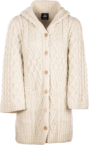 Ladies - Merino Wool - Irish Knit - Buttons Long Cardigan for Women with Hood and Front Pockets Made in Ireland