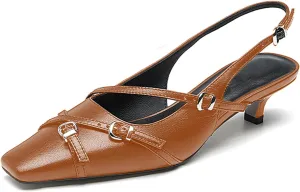 LEMUTISME Women's Stylish Matte Leather Square Toe Buckled Dressy Low Kitten Heel Chic Strappy Slingback Pumps Shoes