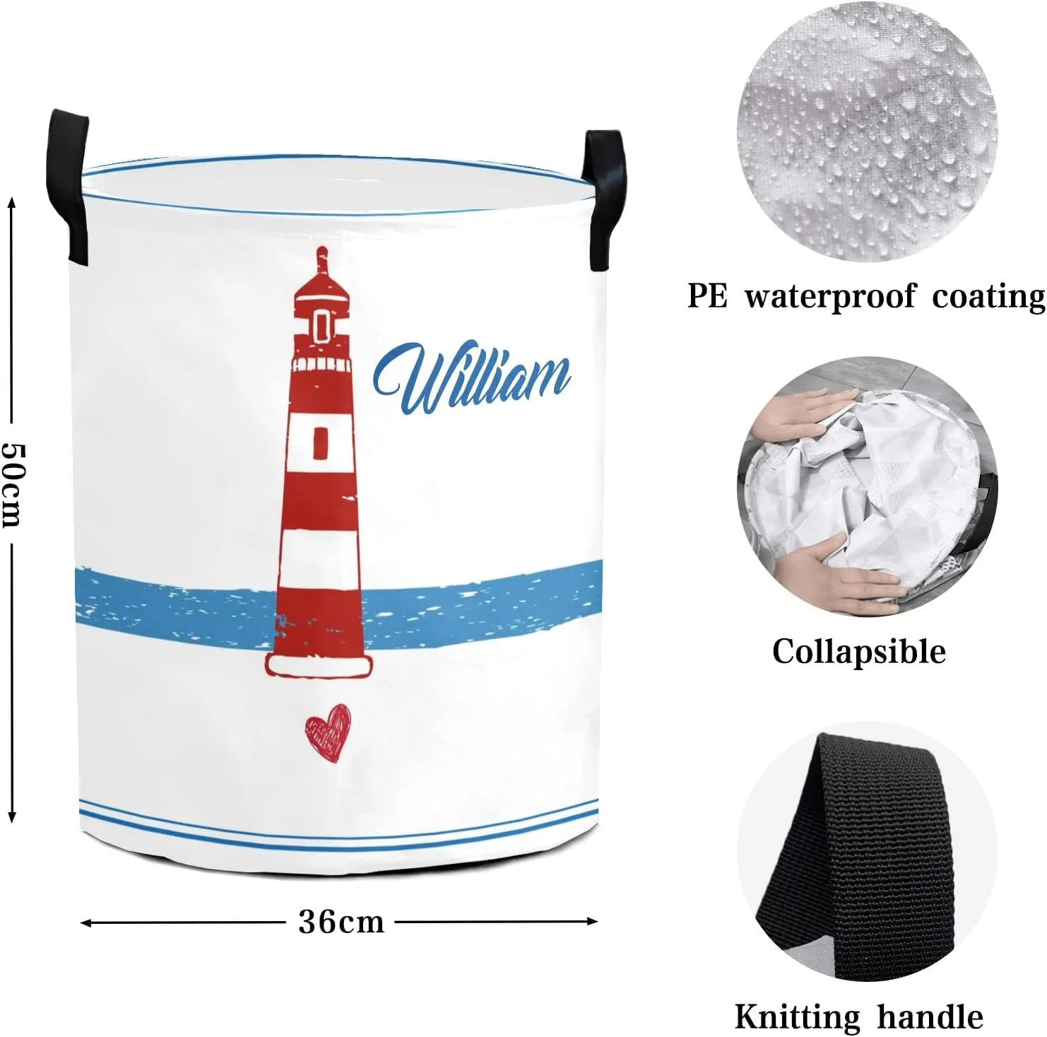 Lighthouse Art Personalized Waterproof Foldable Laundry Basket Bag with Handle, Custom Collapsible Clothes Hamper Storage Bin for Toys Laundry Dorm Travel Bathroom
